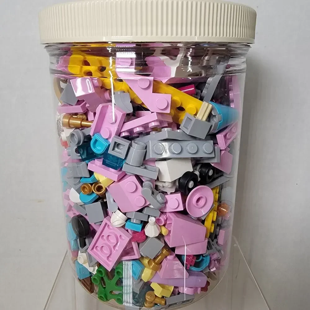 Plastic Jar Filled w/ Pastel-Colored Building Bricks, Legos